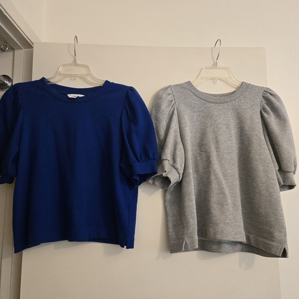 Women H&M 2 Puff-Sleeve Tops in Royal Blue and Heather Gray.